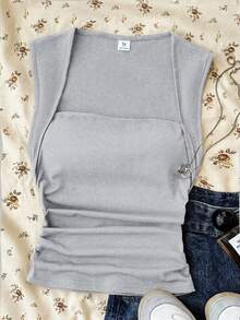 SHEIN Teen Girls T-Shirts Summer Solid Ruched Side Tank Top - Grey - View 3