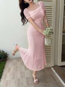 Feyla 女款方領短袖前綁帶修身優雅中長洋裝 - 粉色 - 查看 5
