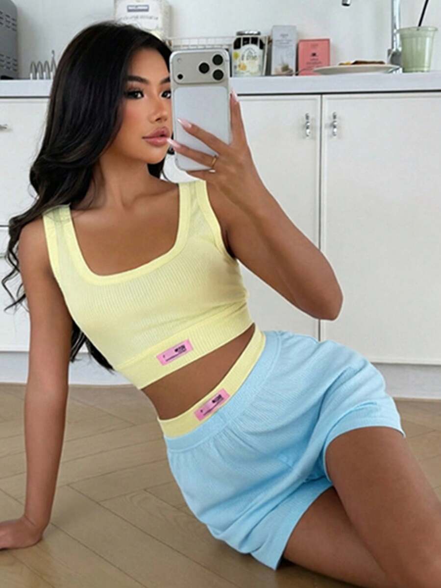 ZzzCrew Vibrant Contrast Color High Elasticity Soft Ribbed Texture Camisole & Shorts Pajama Set For Women - Multicolor - View 1
