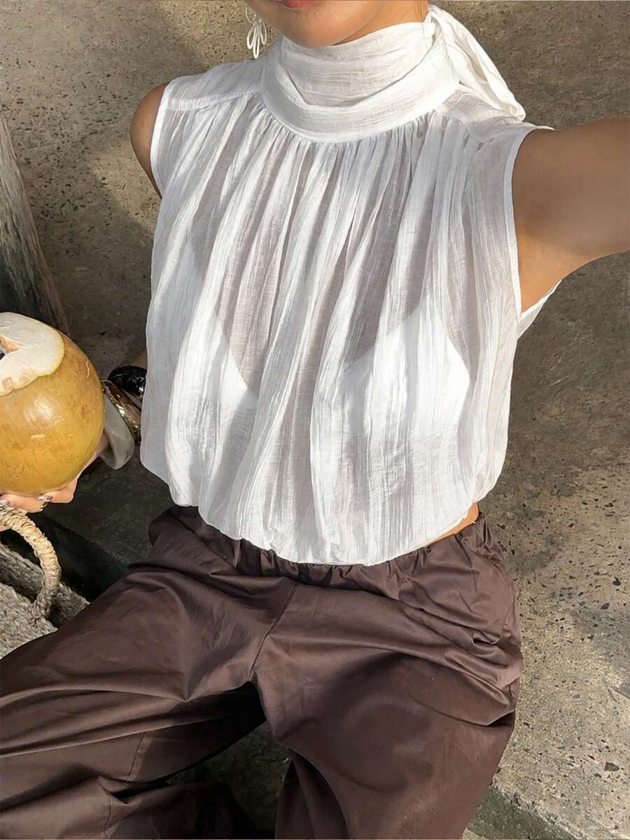 Sunnyshic 无袖褶裥轻薄短款女式衬衫 - 白色 - 查看 1