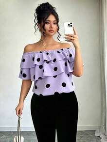 Elenzga Blusa de mujer talla grande con estampado de lunares clásico, doble capa de volantes y hombros descubiertos - Morado - Ver 5
