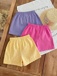 SHEIN LMoss Kids LMoss Young Girl's 3pcs Casual Summer Set: Woven Soft Dual-Layered Gauze Ruffle Shorts With Elastic Waist, Solid Color, Versatile And Breezy - Multicolor - View 4