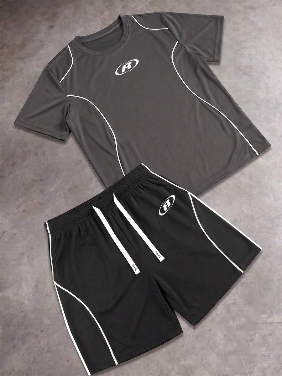 Gym Rark 男士舒適運動套裝，夏季薄款美式R Logo條紋短袖T恤與短褲，休閒兩件組 - 灰色 - 查看 1