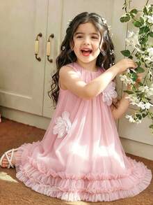 SHEIN Glamorique Kids 女童夏季綠色無袖碎花洋裝，甜美可愛風，優雅 - 粉色 - 查看 4