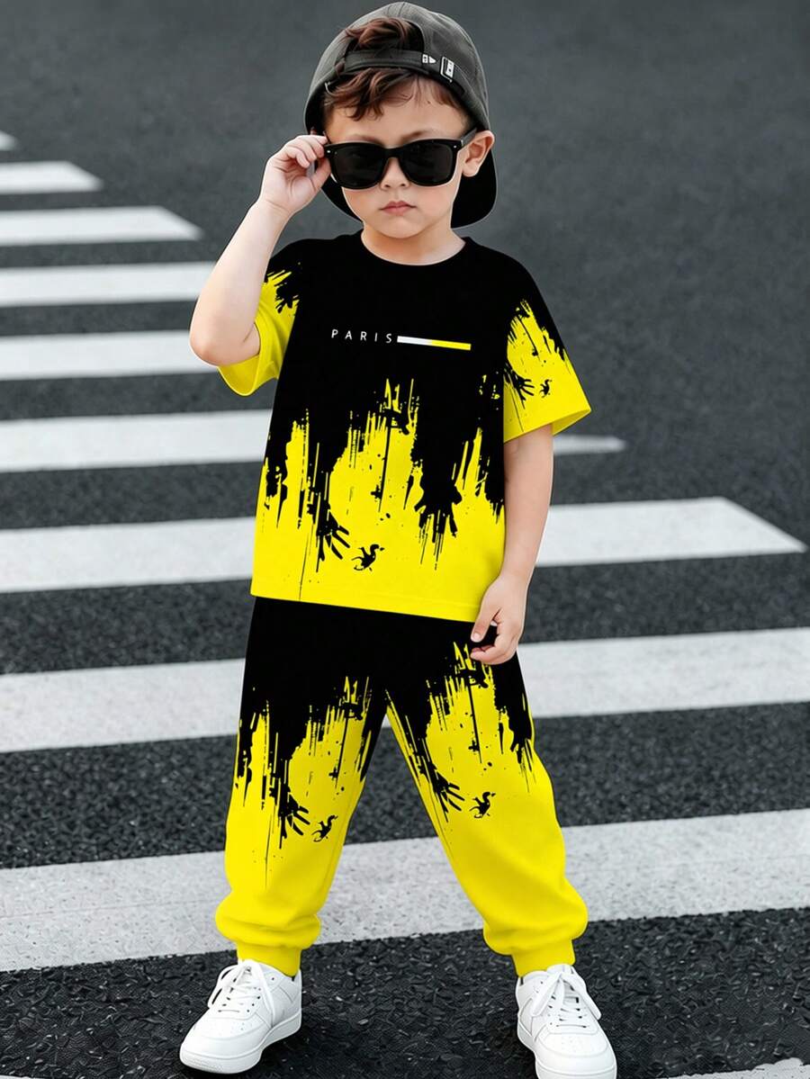 2pcs/Set Letter Print Pattern, Fashionable Versatile, Comfortable Black & Yellow Crew Neck T-Shirt & Long Pants Set For Boys, Short Sleeve & Long Pants, Ss26 , Squishy, Summer, Summer Clothes - Multicolor - View 1