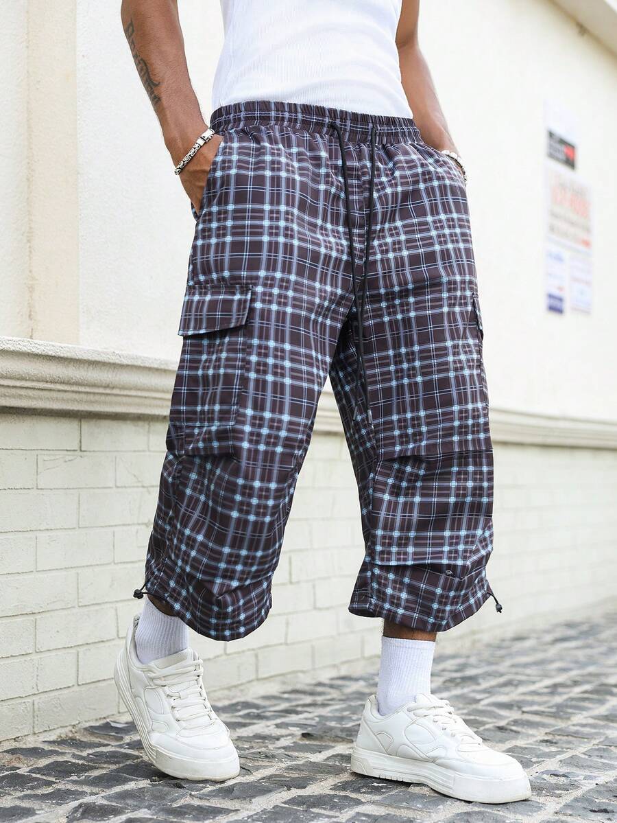 Major Grit Celana Kargo Pria Musim Panas Kasual Fashion Streetwear untuk Perjalanan Sehari-hari Motif Kotak-kotak Pinggang Serut Panjang 3/4 - Baby Blue - View 1