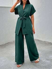 EURMUSE Women Summer Solid Color Batwing Sleeve Tie Front Shirt And Pants Casual 2-Piece Set - Dark Green - View 6