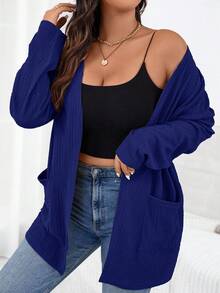 SHEIN Essnce 大尺碼女款秋季新款時尚長袖雙口袋外套，適合秋季辦公室、時尚週、日常商務休閒穿搭 - 寶藍色 - 查看 6