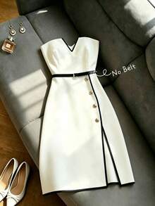 SHEIN Raffinéa 女士优雅无肩带金属装饰A字连衣裙，夏季连衣裙，优雅派对连衣裙 - 杏色 - 查看 4