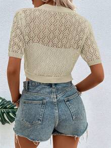 EMERY ROSE Women's Solid Color Short Sleeve Single Breasted Hollow Out Cardigan - Apricot - View 2