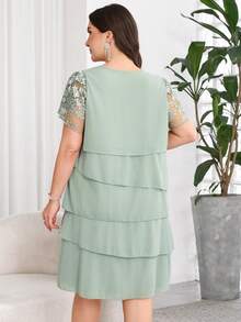 Reflora Đầm nữ size lớn màu xanh xám mùa hè thanh lịch cho khách mời đám cưới, cổ tròn, gấu xếp ly nhiều lớp, trang phục dạ hội sang trọng cho tiệc chính thức và lễ tốt nghiệp - màu xanh lá - Xem 4