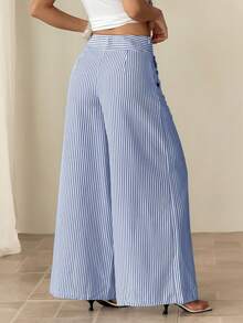 SHEIN PETITE Women's Casual Sexy Blue And White Stripe Button Decor Wide Leg Pants,Petite Women Beach Autumn - Blue and White - View 2