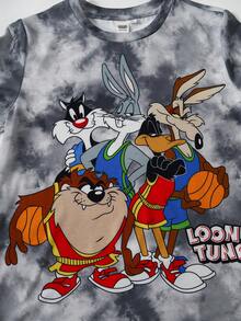 LOONEY TUNES X SHEIN Tween Boy Crew Neck Letter Cartoon Print Casual Versatile Daily Outing Short Sleeve T-Shirt - Grey - View 5