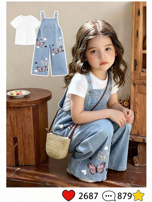 Elladie kids Quần yếm denim họa tiết bướm hoạt hình dễ thương cho bé gái, giản dị và thời trang cho mùa hè