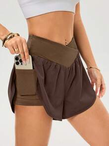 SHEIN Velisys Bộ 2 món quần short thể thao in chữ, thiết kế eo bất đối xứng, tôn dáng, phong cách thường ngày đa năng - Nhiều màu - Xem 4