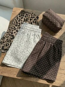 母女款美拉德色系復古波點+白色豹紋+棕色豹紋青少年女孩休閒街頭直筒短褲3件組，開學季Y2K美式復古甜美運動風，戶外野餐、出遊、街拍穿搭 - 彩色 - 查看 3