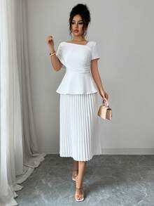 SHEIN Elenzya Đầm midi nữ màu trơn phối lưới xếp ly - trắng - Xem 6