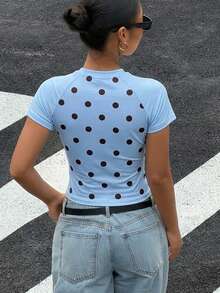 Muchica T-shirt court à manches raglan avec imprimé à pois et bandes de contraste sur les côtés - Bleu ciel - Voir 2