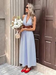 SHEIN PariChic Women's Summer French Elegant Casual Halter Neck V-Neck Design Colorblock Patchwork Crisscross Cutout Waist Exposed Back Long Blue And White Striped Casual Maxi Dress - Blue - View 5