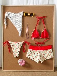 Swim Mod 女款 36SS 春夏新款櫻桃印花V領露背三角比基尼套裝，蝴蝶結裝飾，3件式泳衣，適合海灘、度假、夏季節慶、派對穿搭，櫻桃印花比基尼泳裝，掛脖比基尼上衣搭配泳褲，度假風美學比基尼套裝 - 黃色 - View 5