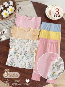SHEIN 粉色夏季可愛家庭套裝 0-3歲女嬰休閒 3色 6件/3套裝 無袖上衣&長褲 舒適服裝 戶外活動 - 彩色 - 查看 9