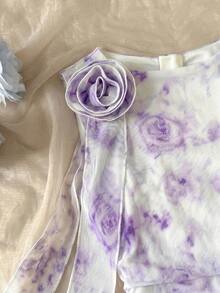 SHEIN Tween Girl Casual Elegant French Floral Ruffle 3D Flower Decor Ruched Asymmetrical Round Neck Sleeveless Fitted Short Dress, Sweet Dress, Spring Outing, Daily Street Wear - Mauve Purple - View 4