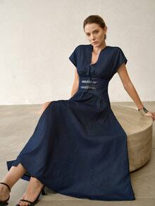 MOTF PREMIUM WOMEN'S BUCKLE DETAIL WAIST-CINCHING DENIM DRESS - Navy Blue - View 7