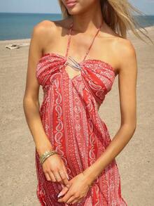 Sydney Algeri Vestido Elegante de Fiesta con Estampado de Vacaciones, Espalda Descubierta y Halter - Multicolor - Ver 3