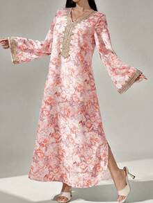 SHEIN Najma 女款花卉印花鉤編拼接長袖洋裝，端莊優雅A字版卡夫坦 & 賈拉比亞長裙，適用於晚宴/婚禮賓客/週年紀念/日常穿著 - 珊瑚橙 - 查看 7