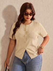 Elaquor Plus Size Summer Casual Solid Color Short Sleeve Cardigan Fall - Apricot - View 5