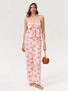 Elorette Conjunto de Pijama Feminino com Alça Fina e Laço Romântico - Rosa chiclete - Visão 1