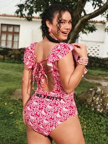Swim Mod HELLO KITTY AND FRIENDS | SHEIN 2026 New Summer Vacation Sweet Collaboration Ruffle Plus Size One-Piece Swimsuit Beach White Sexy - Multicolor - View 2