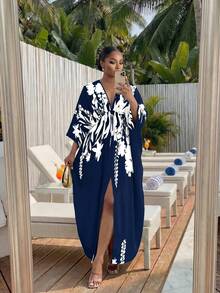 SHEIN Lady CURVE Navy Blue Plus Size Women's Vacation Floral Print Split Hem Dress Vacation Autumn Cocktail Vacation Vacation Fall - Navy Blue - View 3
