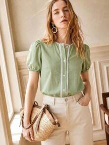 Écloséra Women's Spring/Summer Retro Fashion Green Checkered Round Neck Lace Decorated Short Sleeve Casual Shirt, Country Style Suit, Commuter Wear, Green Top - Green - View 5