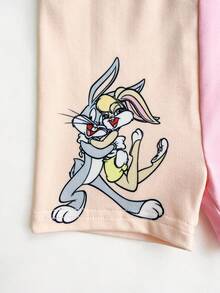 LOONEY TUNES X SHEIN 女嬰卡通印花拼接圓領短袖T恤與休閒修身短褲套裝 - 粉色 - View 6