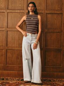 Poéselle Women's Brown Stripe Colorblock Casual 2000s Versatile Daily Outing Top Vacation Summer - Brown - View 1