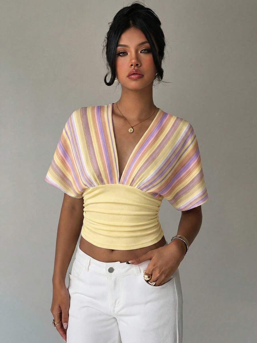 Aloruh Women's Deep V-Neck Color Block Pleated Casual Versatile Daily Wear T-Shirt,Summer Top - Multicolor - View 1