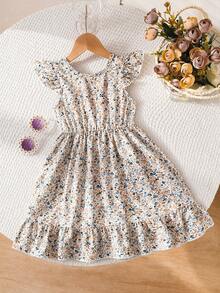 SHEIN Elladie kids 少女優雅淺杏色小碎花圓領荷葉袖露背鏤空貼花3D蝴蝶結收腰荷葉邊休閒可愛時尚洋裝，適合度假旅遊夏季 - 杏色 - 查看 5
