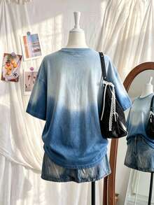 Lalippa Denim Effect Retro Digital Print Loose T-Shirt - Multicolor - View 2