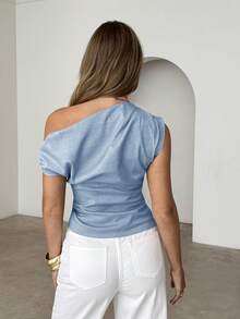 Siren Gaze Women's Solid Color Asymmetric Shoulder Pleated Casual Versatile Daily Wear Top - Baby Blue - View 4