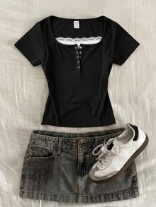Tween Girls T-Shirts Burgundy Short Sleeve T-Shirt, Y2K Retro Casual Girl Home Lace Trim Tween Girls Fitted Navy Blue Polyester Short Sleeve Tee With Keyhole Neck And Ruched Bust For Everyday Style - Black - View 3