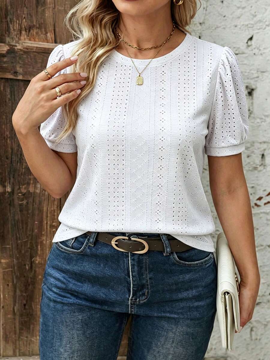 EMERY ROSE Plus Size Women's Vacation Hollow Embroidery Round Neck Short Puff Sleeve T-Shirt Office Evening White Summer Casual Elegant - White - View 1