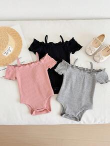 SHEIN LMoss Kids 3件套新生女宝宝休闲可爱简约纯色露肩短袖连体衣套装 - 淺灰色 - 查看 6