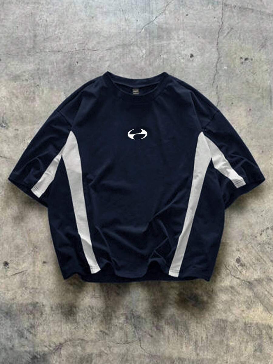SHEIN 青少年男款休閒街頭風拼接Logo印花百搭舒適拼色短袖圓領T恤,適合通勤、上學、日常休閒、度假、旅行、運動、派對,秋冬適用 - 藏蓝色 - 查看 1