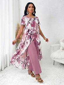 SHEIN Lady Women's Elegant Design 2pcs Set Round Neck Short Sleeve Allover Print Split Top And Comfortable Wide-Leg Pants - Multicolor - View 3