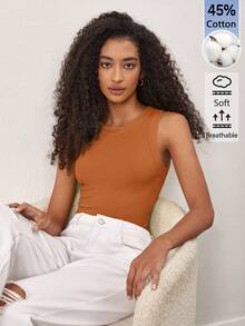 SHEIN BASICS 女款素色圓領螺紋休閒百搭背心上衣 - 鏽棕色 - 查看 10