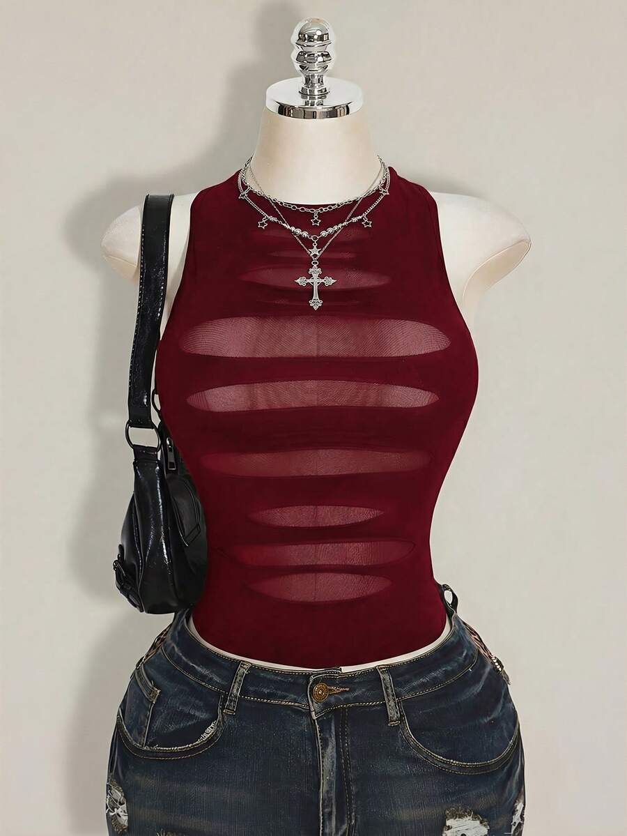SHEIN ICON 女款網格拼接休閒百搭日常外出上衣 - 紅色 - 查看 1
