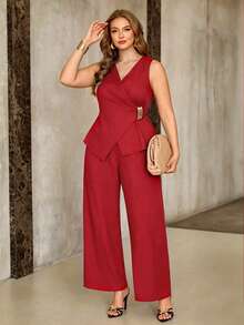 Franclia Plus Size Women Elegant Solid Color Lace-Up Tank Top Loose Pants 2-Piece Set Formal Red Summer - Red - View 5