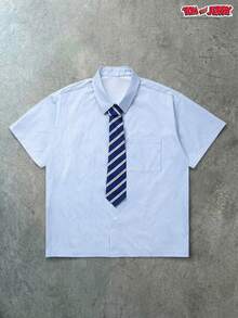 TOM & JERRY X SHEIN PAVTROS Collaboration Blue White Stripe Short Sleeve Shirt,Cute Summer Back-To-School Graduation Gift For Him,Casual Streetwear University Campus Theme Party - Blue - View 2