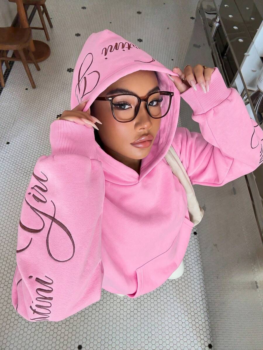 Muchica Women's Pink Hooded Embroidered Long Sleeve Sweatshirt - Pink - View 1